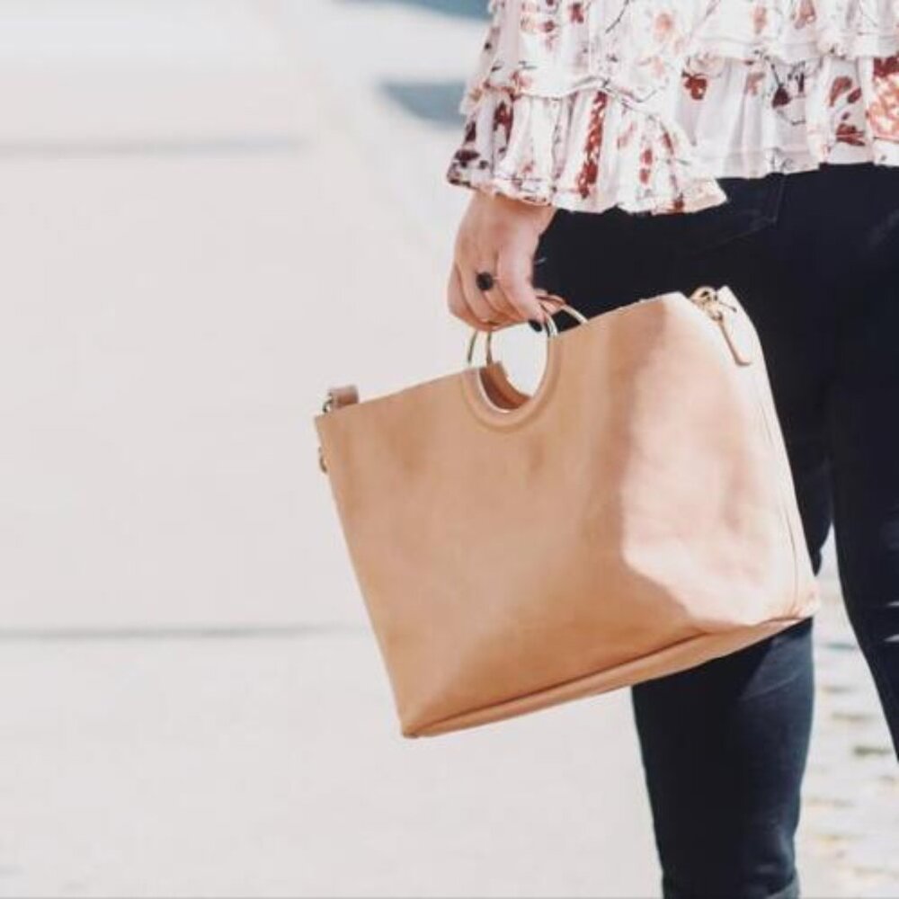 ABLE Tan Leather Top-ring Handles with Long Strap Bag
